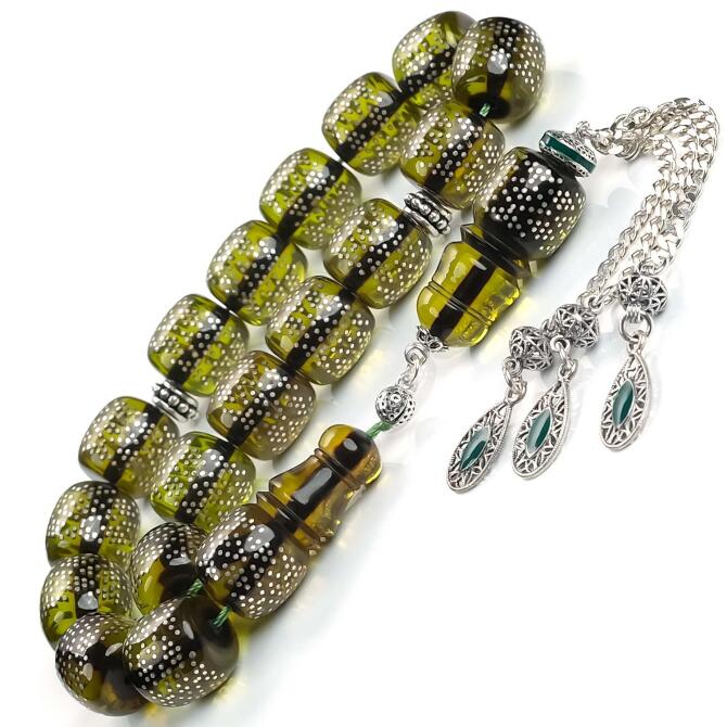 Su Yeşili Maskot Gümüş Çakımlı Ateş Kehribarı Tesbih - Tesbihcibaba