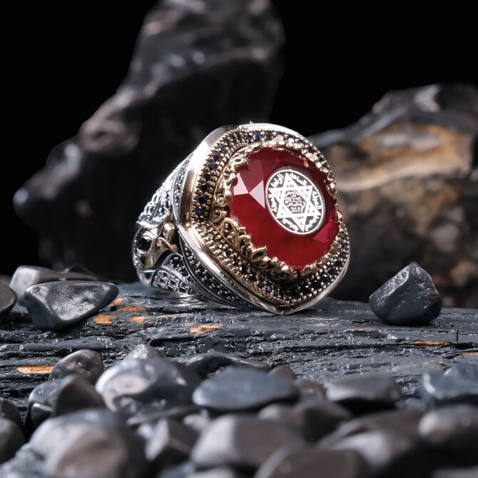 Süleyman Mührü İşleme Kızıl Ateş Gümüş Yüzük - Tesbihcibaba