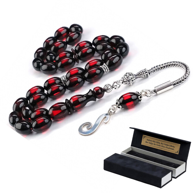 Sürmeli Kırmızı Harf Tasarım Ateş Kehribarı Tesbih - Tesbihcibaba