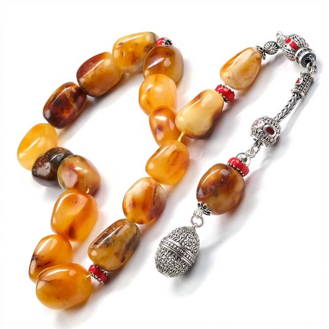 Tamamem Doğal Yapısıyla Fosil Kaya Damla Kehribar Tesbih - Tesbihcibaba