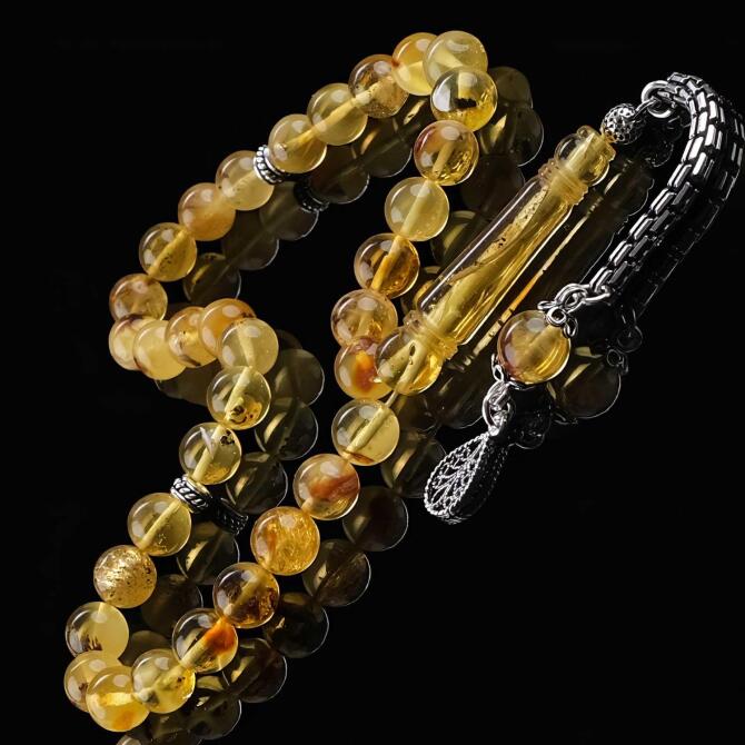 Tamamen Doğal Yapısıyla Fosilli Damla Kehribar Tesbih - Tesbihcibaba