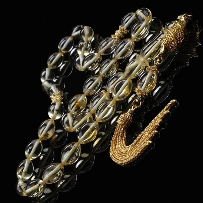 Tamamen Şeffaf Yapıda Gold Tasarım Damla Kehribar Tesbih - Tesbihcibaba