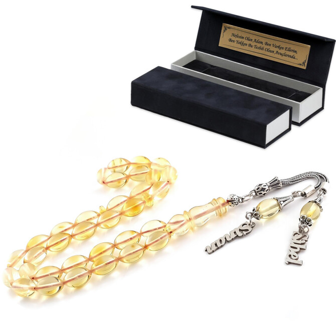 Tamamen Şeffaf Yapıda İsimli Su Damlası Kehribar Tesbih - Tesbihcibaba