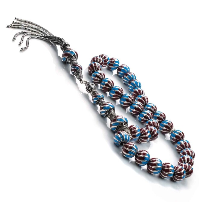 Taraftar Model Bordo-Mavi Mine İşlemeli Gümüş Tesbih - Tesbihcibaba