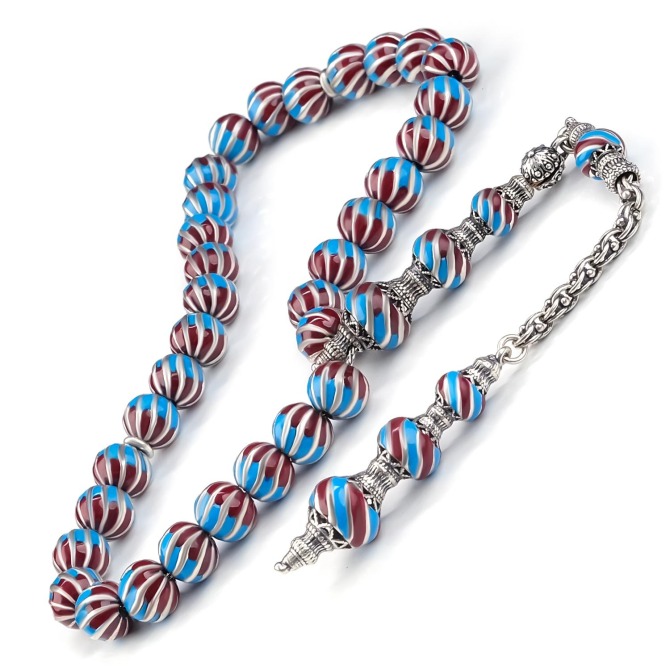 Taraftar Model Bordo-Mavi Mine İşlemeli Gümüş Tesbih - Tesbihcibaba