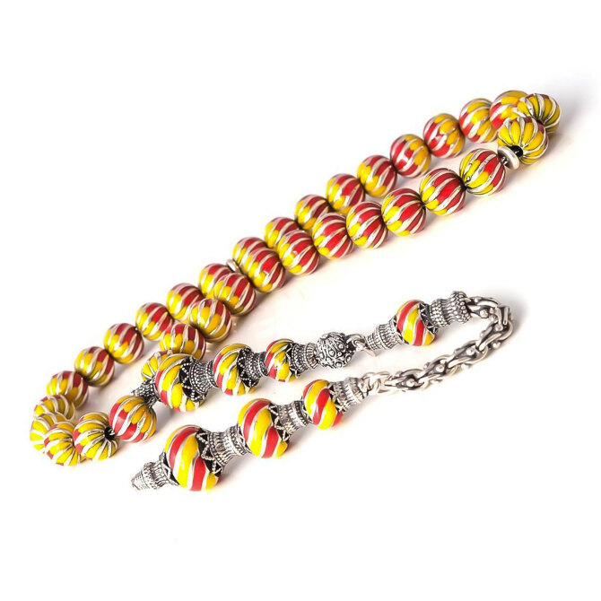 Taraftar Model Sarı-Kırmızı Mine İşlemeli Gümüş Tesbih - Tesbihcibaba