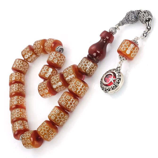 Tekerlek Kesim İşlemeli Maskot Sıkma Kehribar Tesbih - Tesbihcibaba