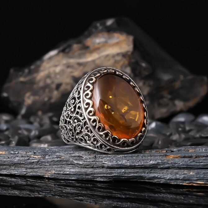 Filigree Engraving İri Stone-set Drop Amber 925 K Silver Ring