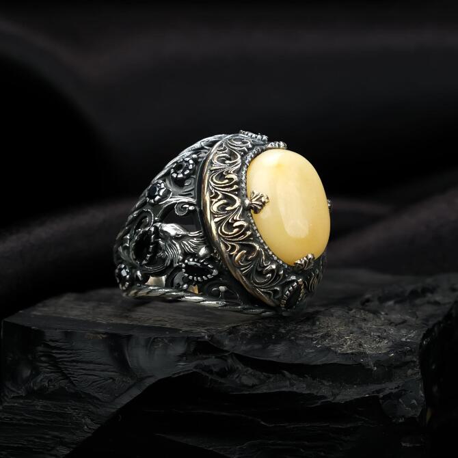 Telkari Zirkon Model Damla Kehribar Yüzük - Tesbihcibaba