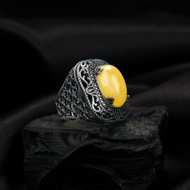 Telkari Zirkon Örme Damla Kehribar Yüzük - Tesbihcibaba