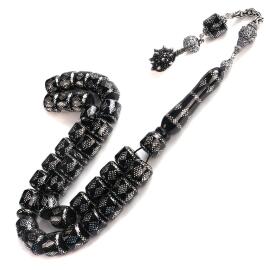 Topaz Başlı Püskülü İle Gümüş İşlemeli Erzurum Oltu Taşı Tesbih - 1