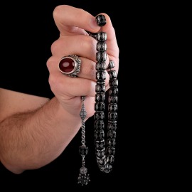 Topaz Başlı Püskülü İle Gümüş İşlemeli Erzurum Oltu Taşı Tesbih - 2