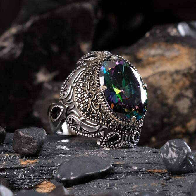 Topaz Taşlı Zirkon Detaylı Gümüş Yüzük - Tesbihcibaba