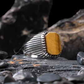 Modern Kaplan Gözü Taşlı Tasarım 925 Ayar Gümüş Yüzük - 2