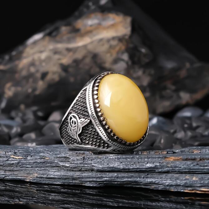 Tughra Engraving Drop Amber 925 K Silver Ring