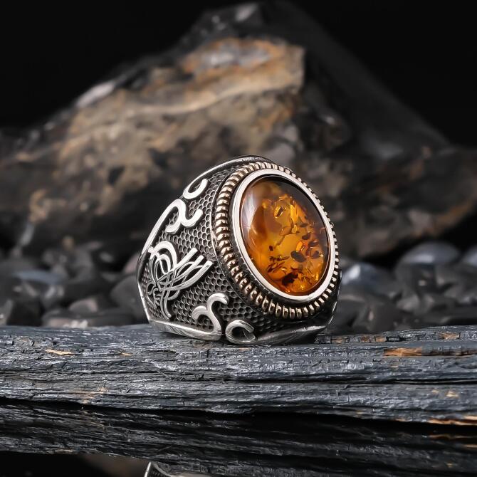 Tughra Bal Drop Amber 925 K Silver Ring