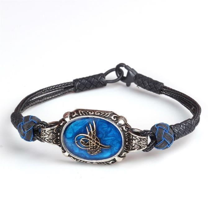 Tughra Design Blue Enamel Plated Kazaz Bracelet