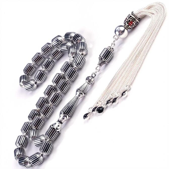 Siyah Mineli 925 Ayar Gümüş Tesbih - Tesbihcibaba