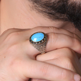 Turkuaz Model Özel İşlemeli Gümüş Yüzük - 2