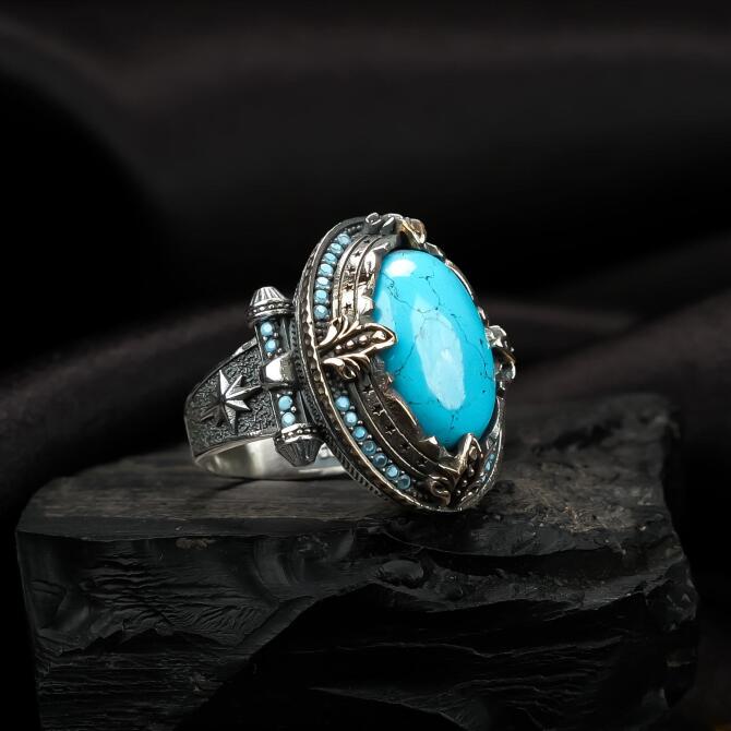 Turkuaz Renk Zirkon Taşlı Gümüş Yüzük - Tesbihcibaba