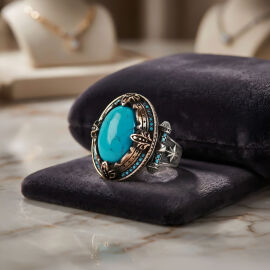 Turkuaz Renk Zirkon Taşlı Gümüş Yüzük - 1