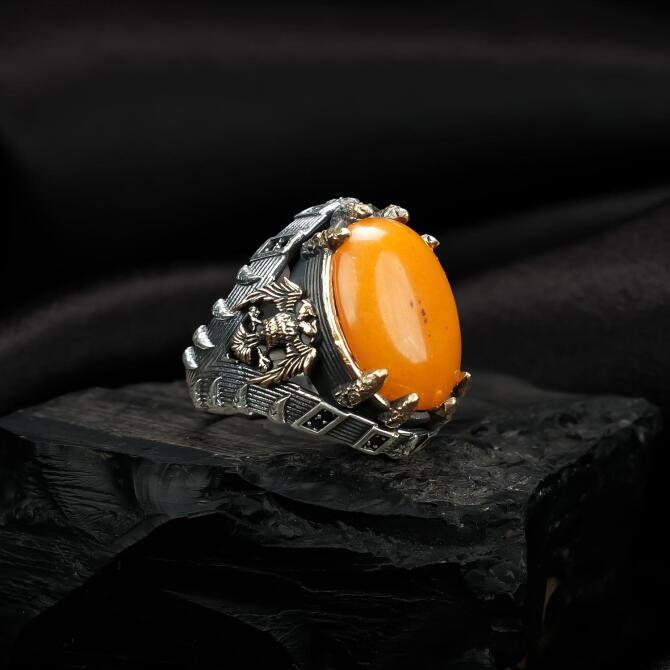 Üç Ok Antik Damla Kehribar Yüzük - Tesbihcibaba