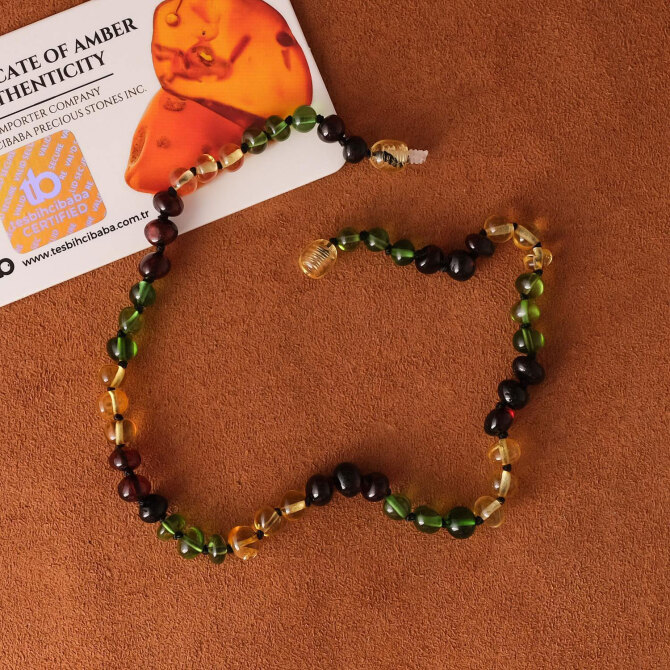 Üç Renk Tasarım Damla Kehribar Bebek Diş Kolyesi - Tesbihcibaba