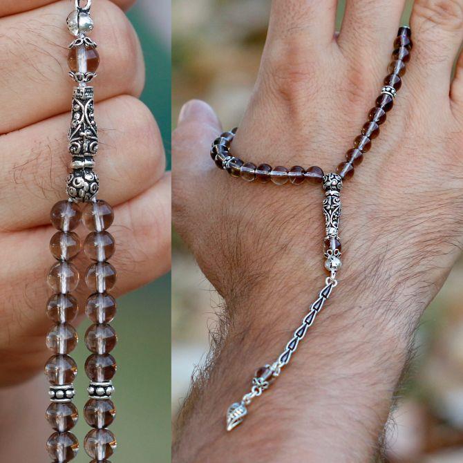 Ufak Boy Gümüş Tasarım Dumanlı Kuvars Tesbih - Tesbihcibaba