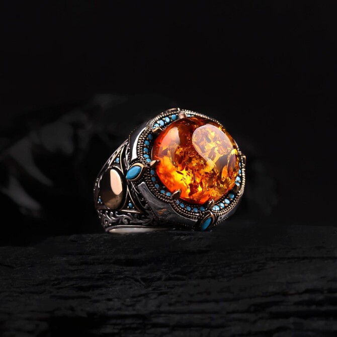 Premium Düzey Fossil Drop Amber Silver Ring