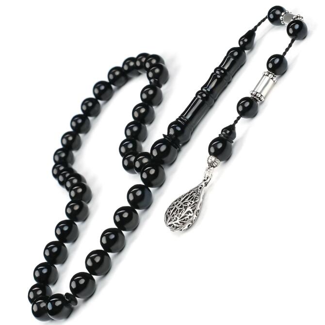 Usta İşi Gümüş Sistemli Erzurum Oltu Taşı Tesbih - Tesbihcibaba