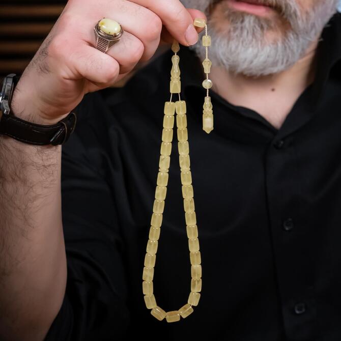 Usta İşi Puslu Kayadan Damla Kehribar Tesbih - Tesbihcibaba