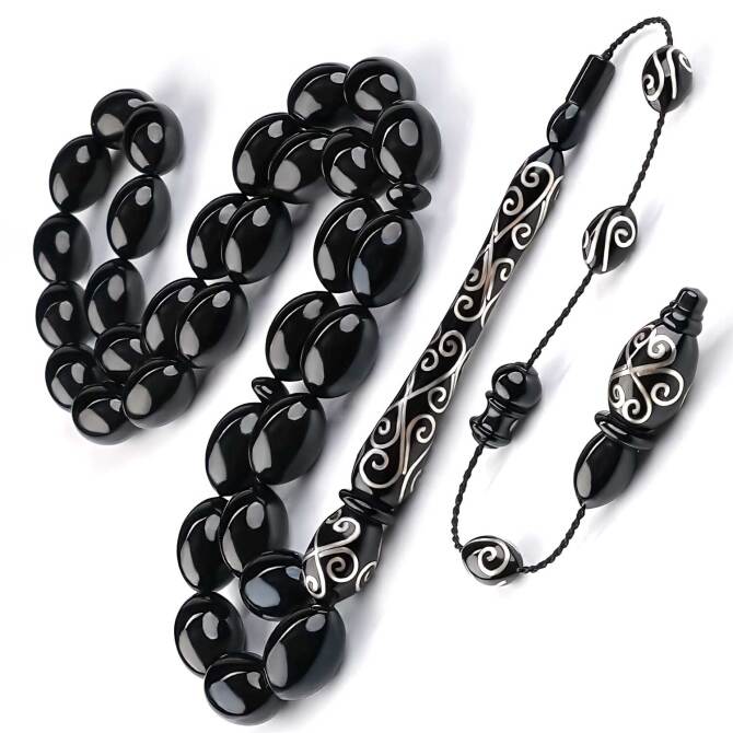 Ustaların Elinden Gümüş İşlemeli Erzurum Oltu Taşı Tesbih - Tesbihcibaba