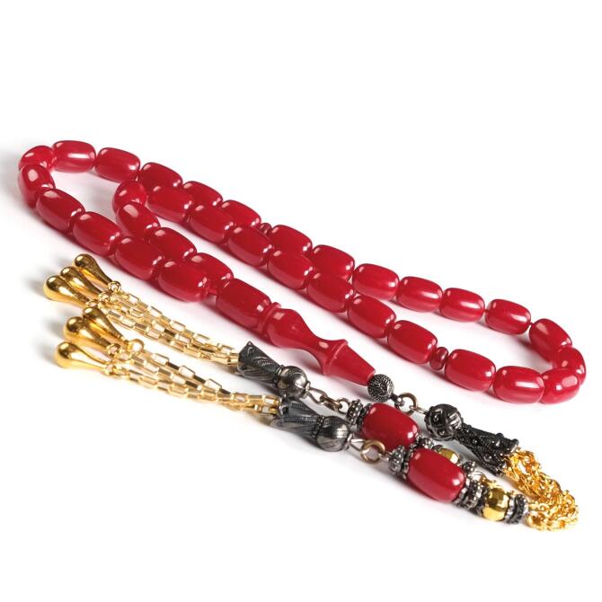 Vişne Renk Çift Püskül Sıkma Kehribar Tesbih - Tesbihcibaba