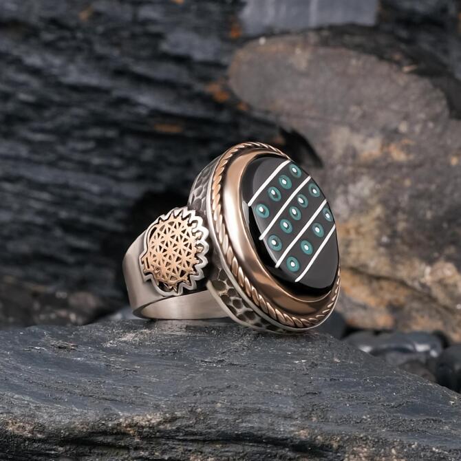 Yerli Hazine Firuze İşleme Oltu Taşı Yüzük - Tesbihcibaba