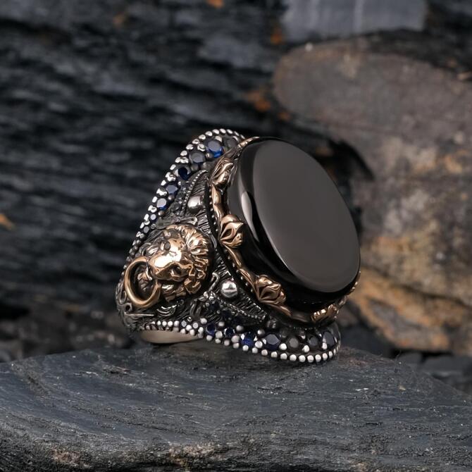 Yerli Hazine Oltu Taşı Mavi Zirkon Anadolu Aslanı Yüzük - Tesbihcibaba