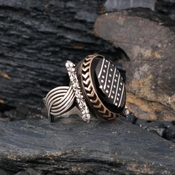 Yerli Hazine Oltu Taşı Paşa Model Çizgi İşleme Yüzük - Tesbihcibaba