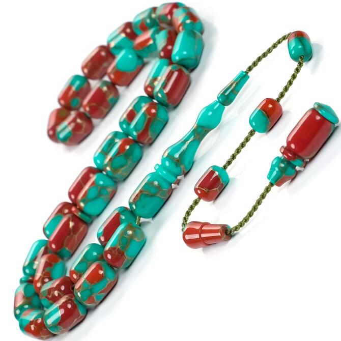 Yeşil Kırmızı Rengiyle Arizona Firüzesi Usta İşi Tesbih - Tesbihcibaba