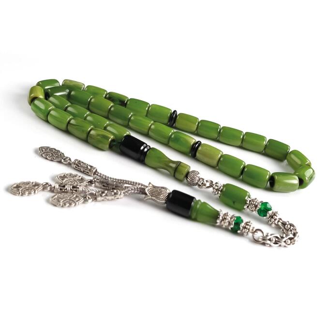 Yeşil Siyah İmame Efes Model Sıkma Kehribar Tesbih - Tesbihcibaba