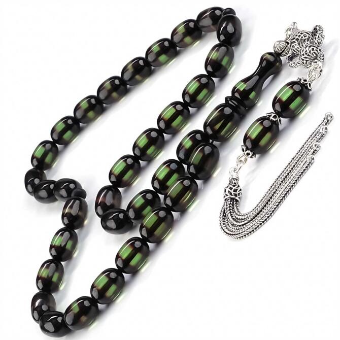 Yeşil Siyah Sürmeli Ateş Kehribarı Tesbih - Tesbihcibaba