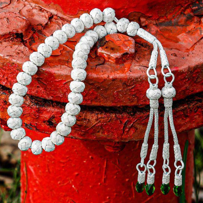 Yeşil Taşlı El Örmesi Gümüş Tesbih - Tesbihcibaba