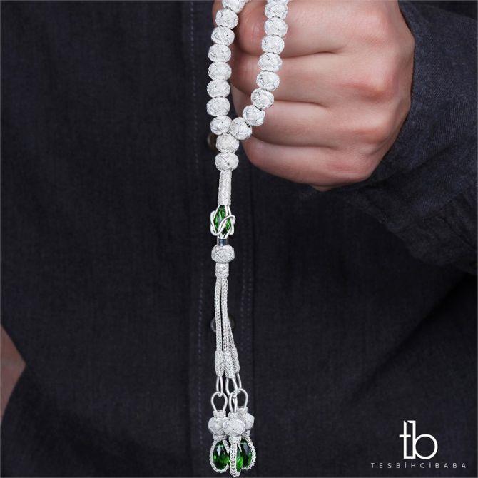 Yeşil Taşlı Özel Tasarım El Örmesi Kazaz Tesbih - Tesbihcibaba