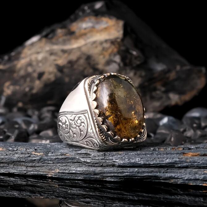 Yoğun Fossil Drop Amber 925 K Silver Ring