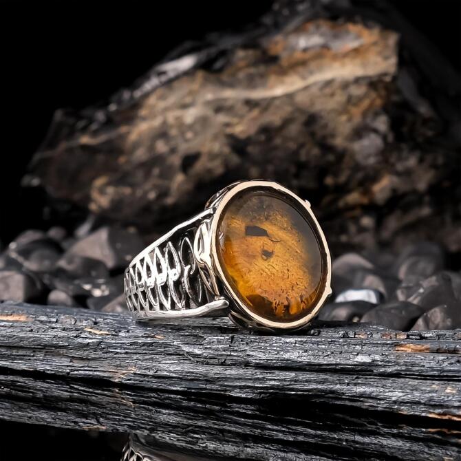 Yoğun Fossil Drop Amber 925 K Silver Ring