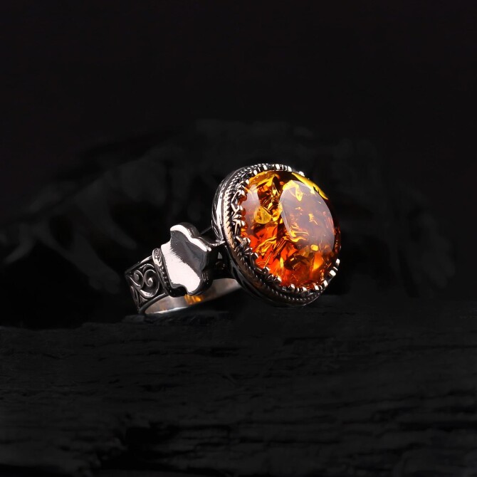 Yoğun Fossil Drop Amber Silver Ring