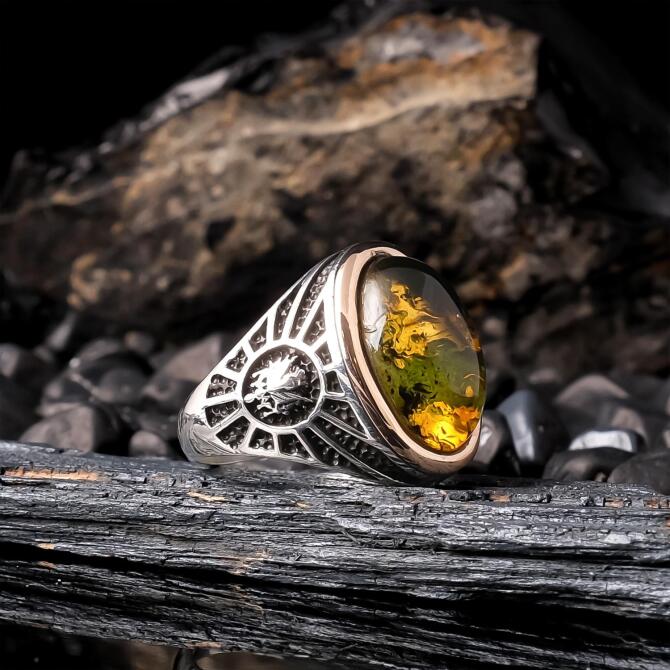 Yoğun Fossil Karayip Drop Amber 925 K Silver Ring