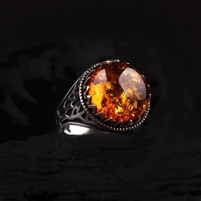 Sphere Fossil Drop Amber Silver Ring