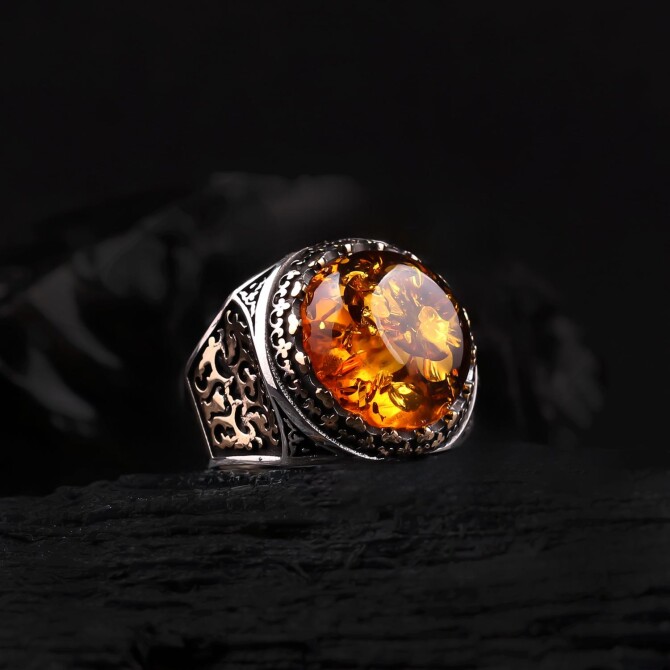 Yoğun Fossil Special Yapım Drop Amber Silver Ring