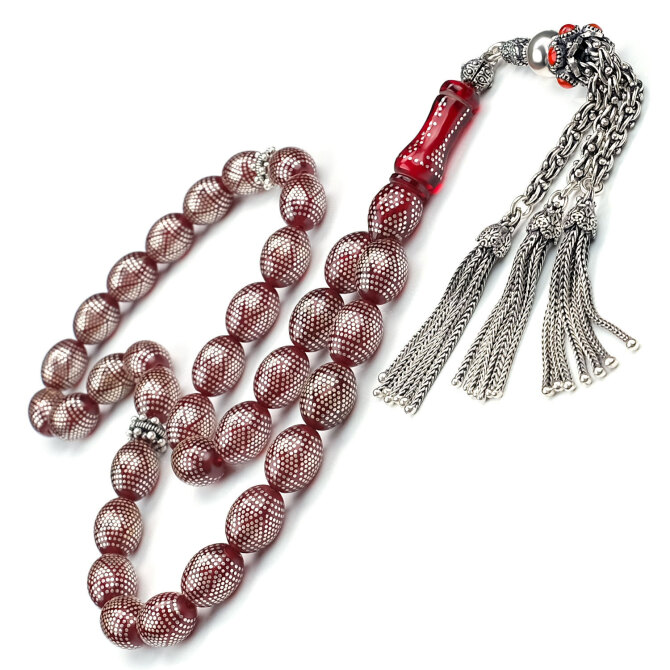 Yoğun Gümüş Çakım Ateş Kehribarı Tesbih - Tesbihcibaba