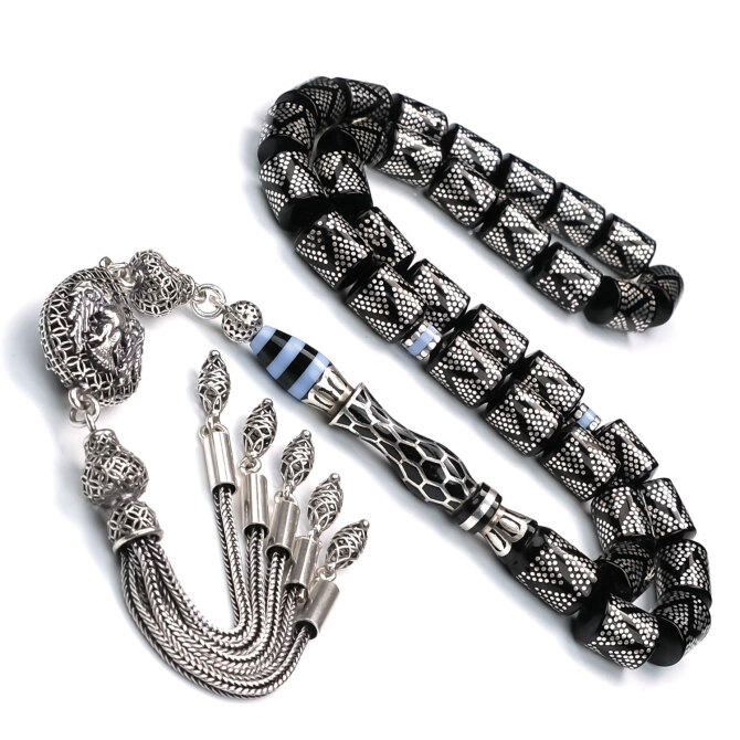 Yoğun Gümüş İşlemeli Nakkaş İmame Erzurum Oltu Taşı Tesbih - Tesbihcibaba