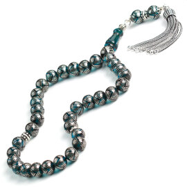 Yoğun Gümüş Kakma Özel Yapım Ateş Kehribar Tesbih - 2